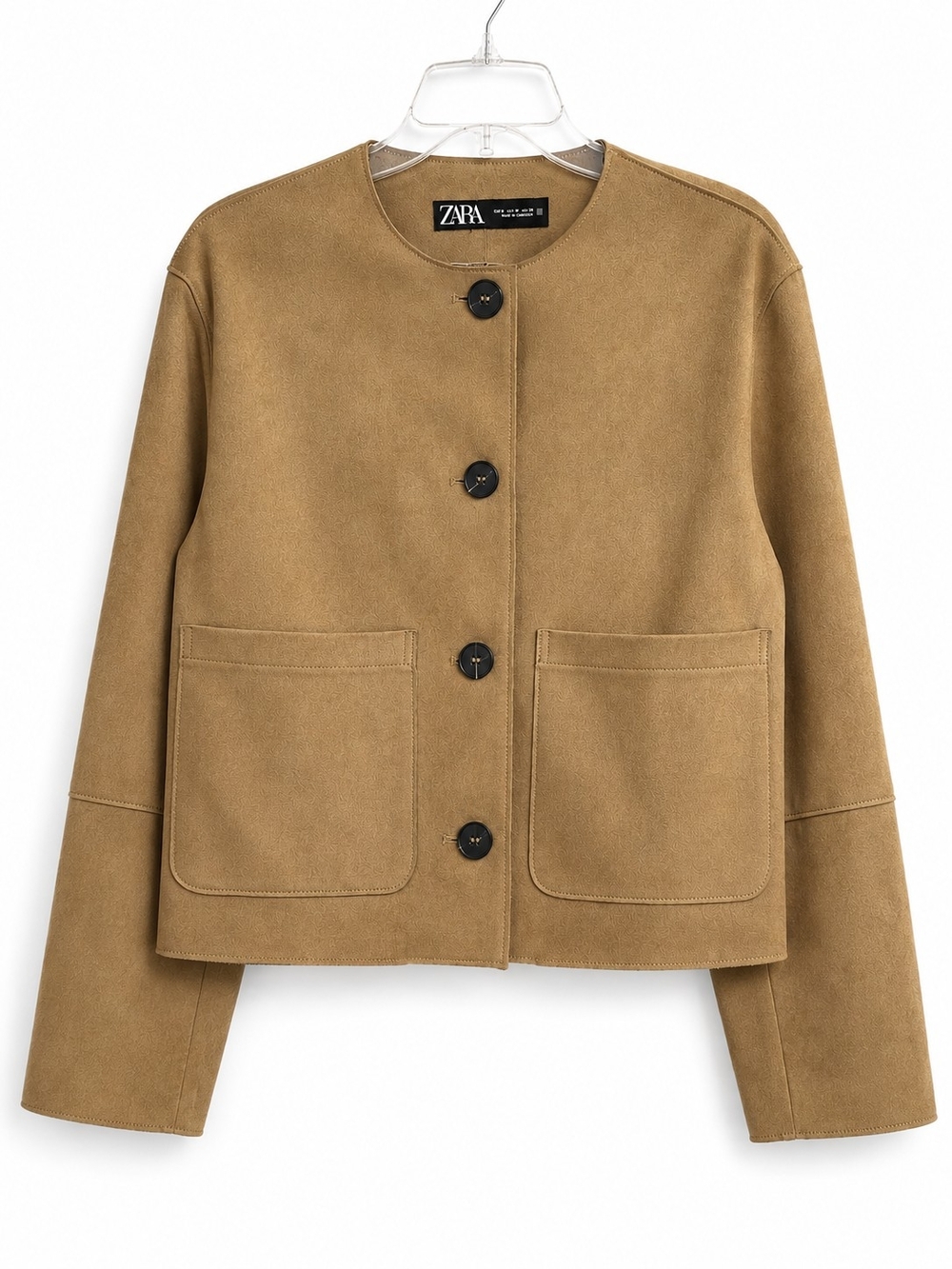 Zara Faux Suede Short Jacket Women’s M Tan Collarless Button Front